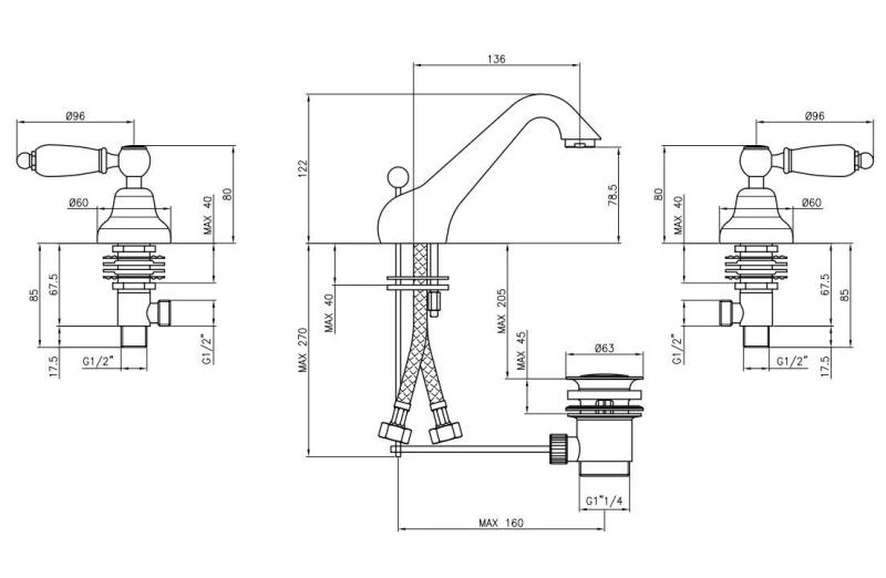 Grifo PB Classic de 3 orificios para lavabo bajo Palancas blancas Color bronce 1208956907