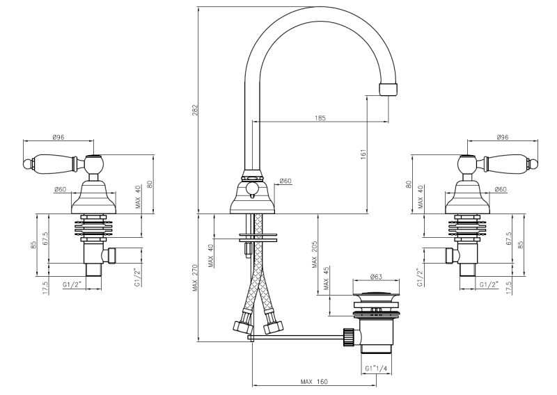 Grifo PB Classic Mezclador de 3 orificios para lavabo Palancas blancas con caño redondo Cromado 1208956912