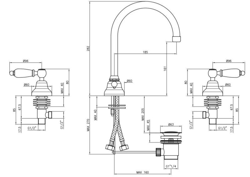 Grifo PB Classic Mezclador de lavabo de 3 orificios Palancas blancas con caño redondo Bronce 1208956913