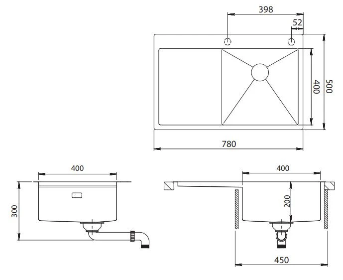 Fregadero Ausmann Turt gris plomo con escurridor a la izquierda 780x500mm para montaje sobre encimera y enrasado 1208956956