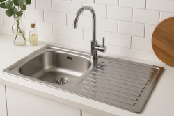 Fregadero de superficie Ausmann Basic para montaje sobre encimera de acero inoxidable con escurridor reversible 75x40 cm incluido sifón 1208956996