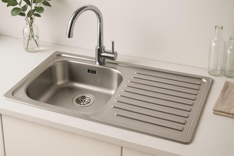 Fregadero de superficie Ausmann Basic para montaje sobre encimera de acero inoxidable con escurridor reversible 75x40 cm incluido sifón 1208956996