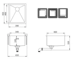 Fregadero Ausmann Oder de acero inoxidable 34x40cm para montaje bajo encimera y sobre encimera extra profundo 22cm 1208957111