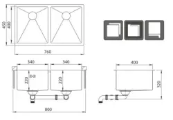 Fregadero doble Ausmann Oder de acero inoxidable 76x45cm para montaje bajo encimera, enrasado y sobre encimera extra profundo 22cm 1208957116