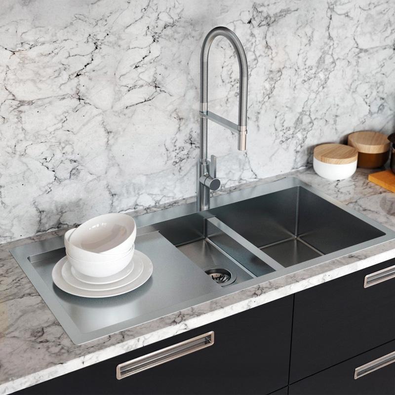 Fregadero Ausmann Oder Blue de un seno y medio de acero inoxidable 78x50cm enrasado y sobre encimera con escurridor 1208957125