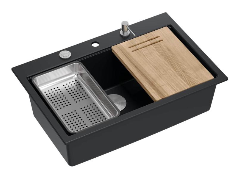 Fregadero grande de granito de roca dura negro mate Quadri 76x50cm con accesorios 1208957201