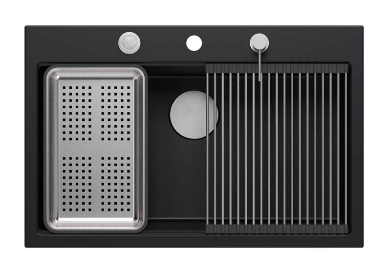 Fregadero grande de granito de roca dura negro mate Quadri 76x50cm con accesorios 1208957201