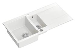 Fregadero de granito blanco Quadri Luton sobre encimera de un seno y medio con escurridor reversible 100x50cm con tapón acero inoxidable 1208957330