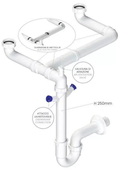 Sifón para fregadero de cocina Ausmann Siphon doble que ahorra espacio con salida de aire y 2 conexiones para lavavajillas 1208957662