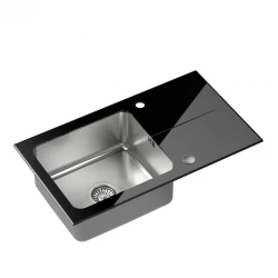 Fregadero para montaje sobre encimera Quadri Glazz de acero inoxidable con escurridor de cristal negro reversible 77x44 1208957862