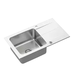 Fregadero para montaje sobre encimera Quadri Fusion de acero inoxidable con escurridor de granito blanco 78x44 reversible 1208957872