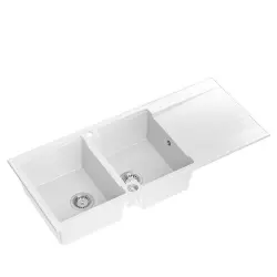 Fregadero doble de granito para montaje sobre encimera Quadri Luton blanco con escurridor 116x50 1208957882