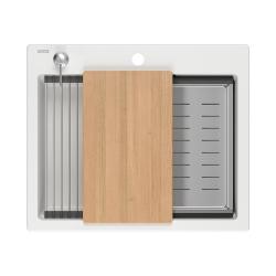 Quadri Durham fregadero de granito blanco empotrado de 595x500 con dispensador de jabón, tabla de cortar, alfombra enrollable, fregadero insertado y alfombra enrollable 1208957903