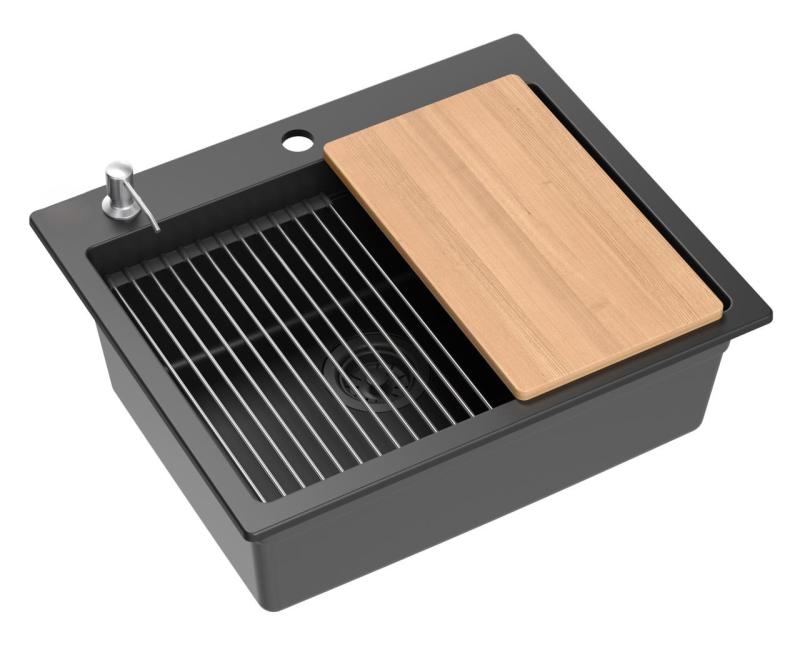 Quadri Durham pila de construcción de granito negro 595x500 con dispensador de jabón, tabla de cortar, fregadero insertado y alfombra enrollable 1208957904