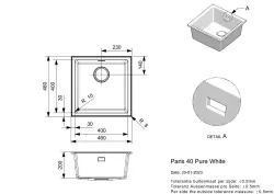 Fregadero para montaje sobre encimera Reginox Paris 40 Regi-granito blanco 40x40 con bandeja plegable y pulsador de acero inoxidable R36679