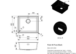 Fregadero de granito Reginox Paris 50 Regi negro 50x40 cm para montaje sobre encimera con bandeja plegable y pulsador de acero inoxidable R36754