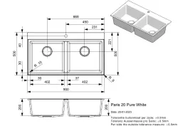 Fregadero doble Regi-granito Reginox Paris 20 blanco 90x50 cm para montaje sobre encimera con bandeja plegable y pulsador de acero inoxidable R36921