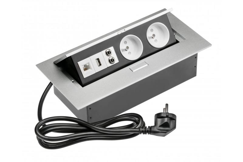 Cable alargador de escritorio con 2 enchufes con uziem, gn. USB, audio (banana), gn. RJ45, cable de alimentación con enchufe, aluminio 1208958677