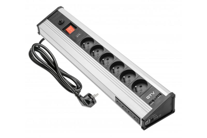 Cable alargador MULTI para escritorio con protección contra sobretensiones, 6 enchufes con toma de tierra, 4 puertos USB 1208958684