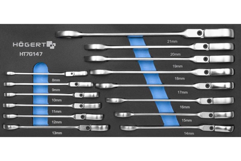 Hoegert Llave de trinquete combinada con cabeza flexible, juego de 14 piezas en espuma técnica. 1208962054