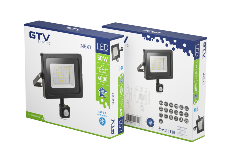 Foco LED iNEXT con sensor de movimiento 50W 4000lm, PF>0,9, RA>80, IP65, 120°, 6400K, cuerpo negro 1208962862