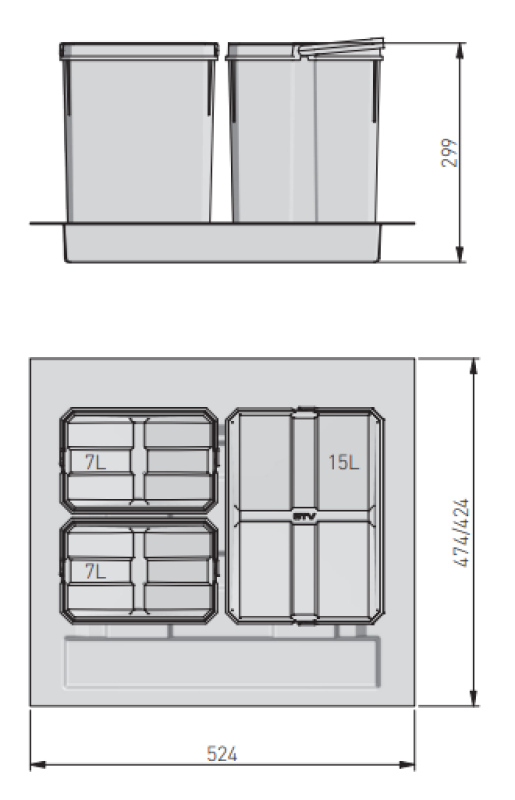 Sistema de separación de residuos Garbi Basket B-60-3 para cajón de 60 cm, incluye soporte y 3 cubos de basura 1208964399.
