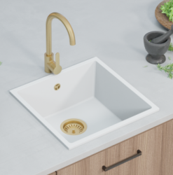 Fregadero GraniteMy Universal de granito blanco 40x40 cm blanco sobre encimera, bajo encimera y enrasado con tapón de acero inoxidable 1208966879