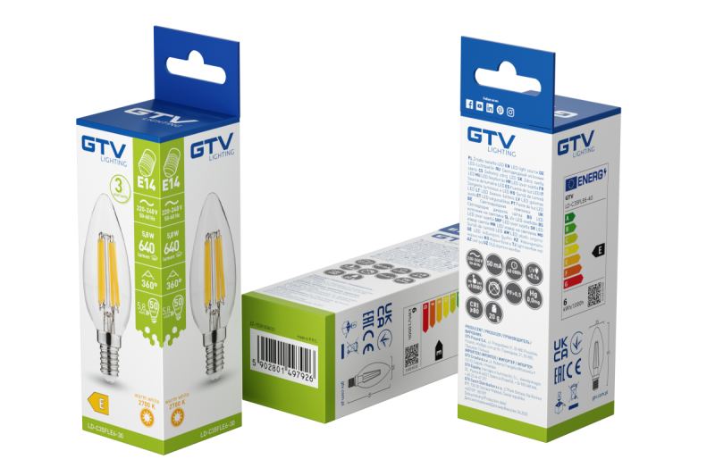 FUENTE DE LUZ LED, FILAMENTO, A-G, C35, 2700K, E14, 5,8W, AC220-240V, 360°, 640lm, 50mA 1208966964