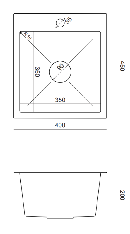 Conjunto Quadri Dixton 40 con fregadero de acero inoxidable 400x450 mm con agujero para grifo montado sobre encimera y grifo de cocina Quadri Bristol acero inoxidable
