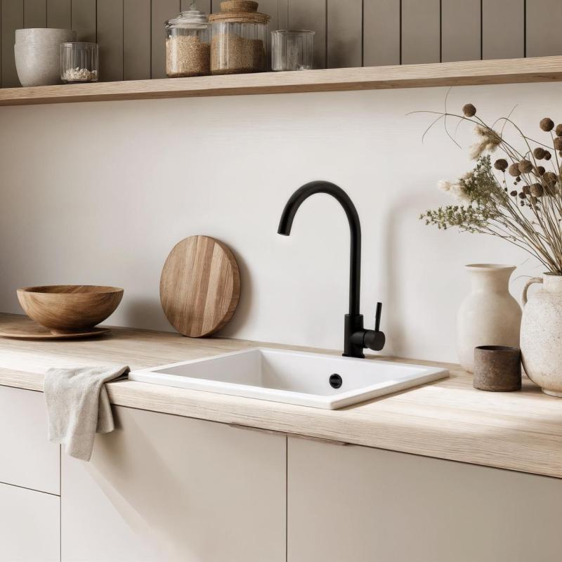 Fregadero GraniteMy Universal de granito blanco 34x40 cm blanco sobre encimera, bajo encimera y enrasado con tapón de acero inoxidable 1208967107