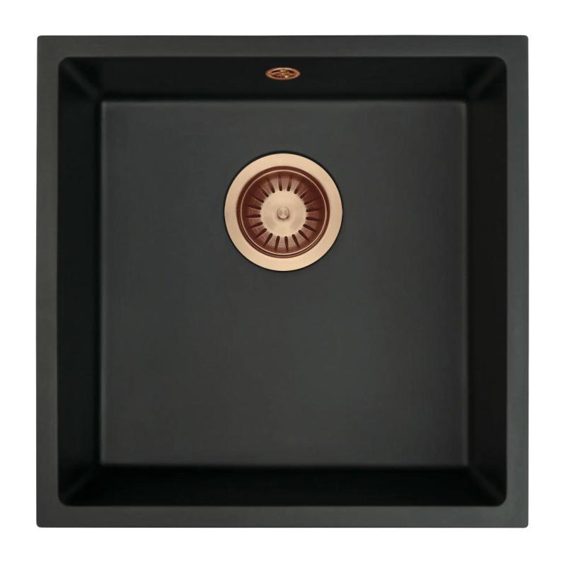 Fregadero GraniteMy Universal granito negro 40x40 cm negro sobre encimera, bajo encimera y enrasado con tapón de cobre 1208967114