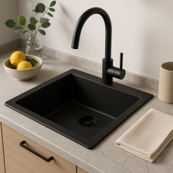 Fregadero GraniteMy Universal de granito negro 34x40 cm negro de montaje sobre encimera, bajo encimera y enrasado con tapón negro 1208967143