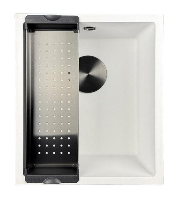 Fregadero GraniteMy Universal de granito blanco 34x40 cm de montaje sobre encimera, bajo encimera y enrasado con tapón negro 1208967147