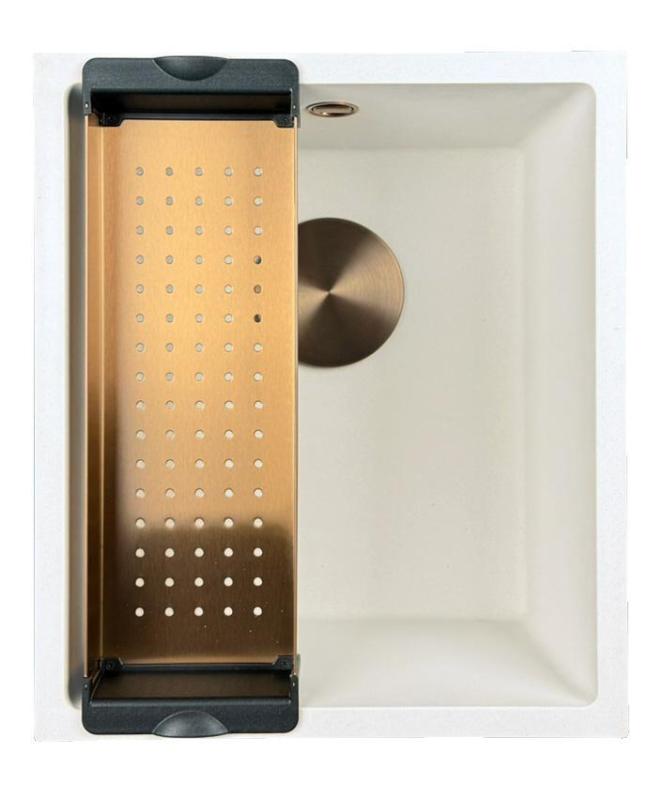 Fregadero GraniteMy Universal de granito blanco 34x40 cm blanco de montaje sobre encimera, bajo encimera y enrasado con tapón de cobre 1208967148