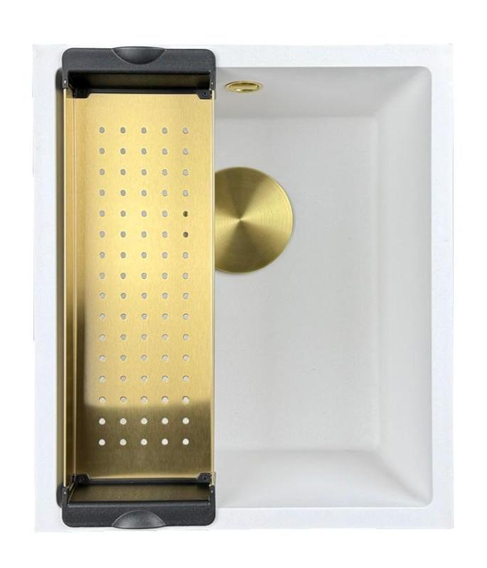 Fregadero GraniteMy Universal de granito blanco 34x40 cm de montaje sobre encimera, bajo encimera y empotrado con tapón dorado 1208967149