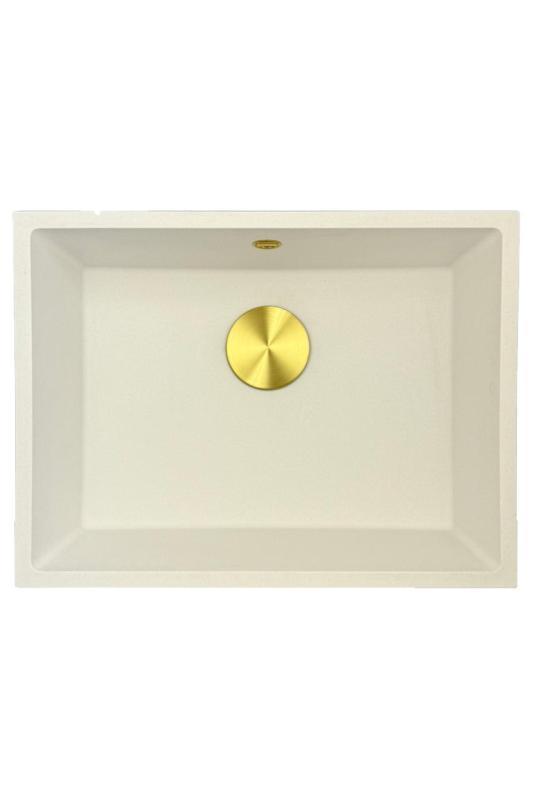 GraniteMy Universal fregadero de granito blanco 55x40 cm blanco para montaje superior, montaje inferior y montaje a ras con tapón dorado 1208967155