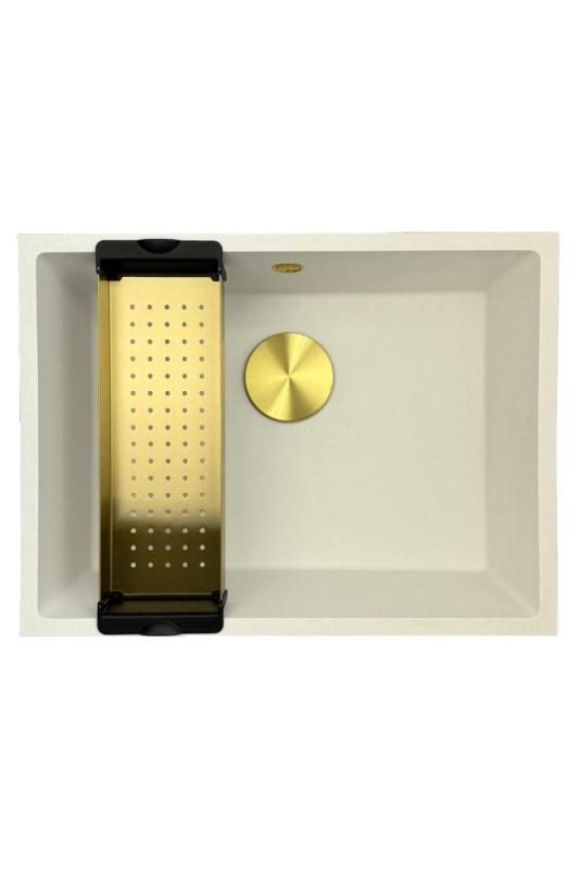 GraniteMy Universal fregadero de granito blanco 55x40 cm blanco para montaje superior, montaje inferior y montaje a ras con tapón dorado 1208967155