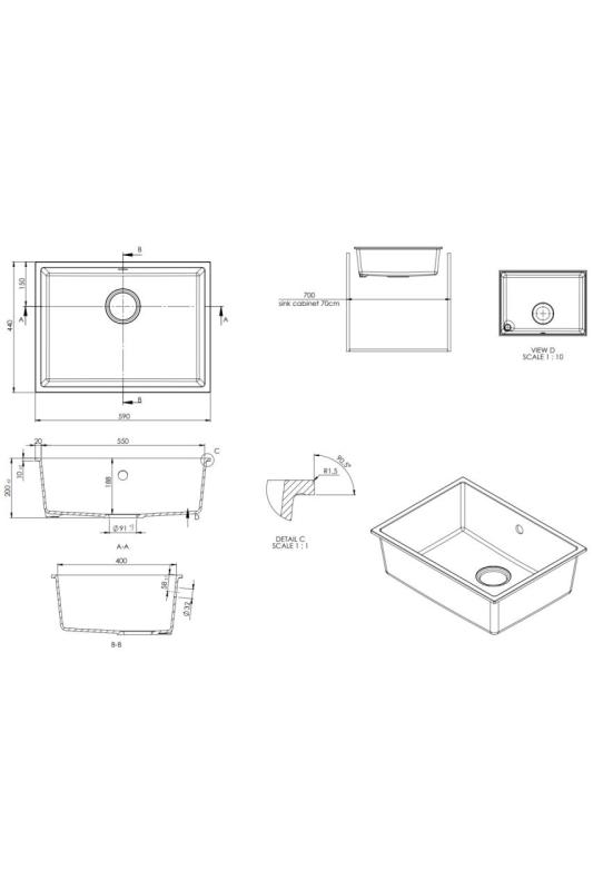 GraniteMy Universal fregadero de granito blanco 55x40 cm blanco para montaje superior, montaje inferior y montaje a ras con tapón dorado 1208967155