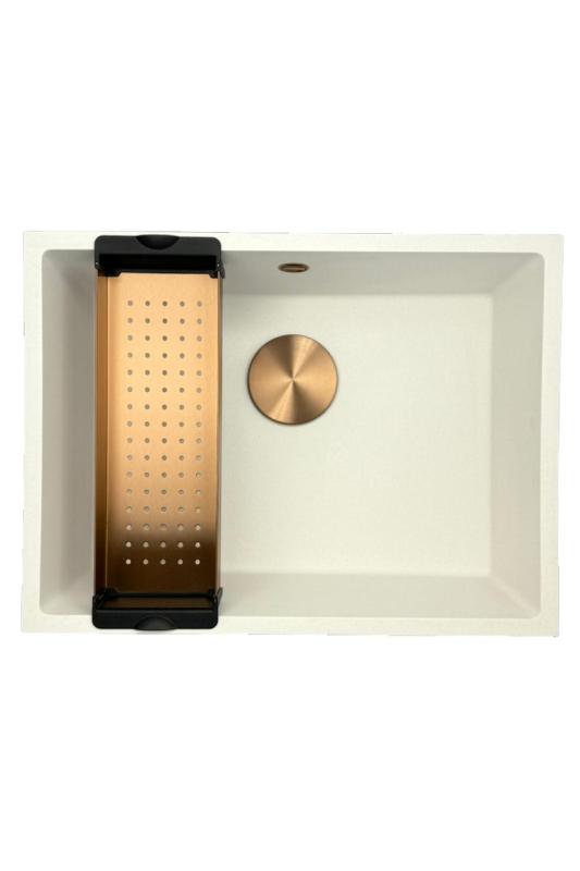 GraniteMy Universal fregadero de granito blanco 55x40 cm blanco montaje superior, inferior y al ras con tapón de cobre 1208967156