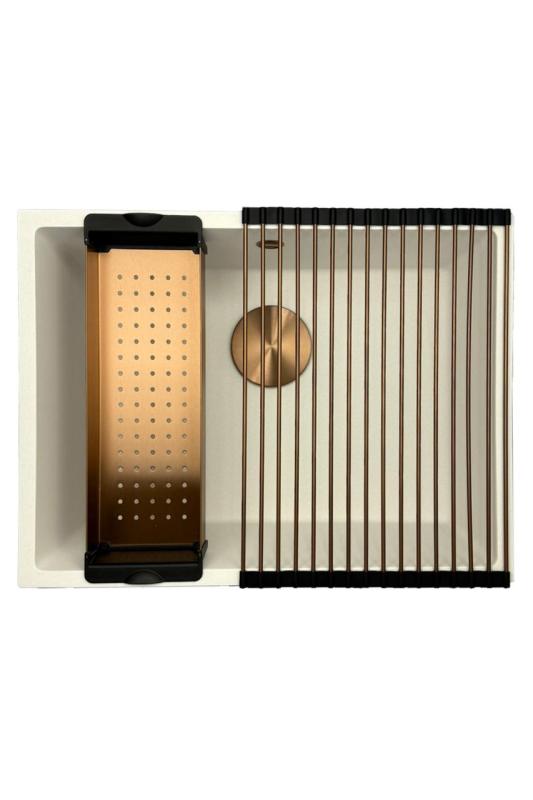 GraniteMy Universal fregadero de granito blanco 55x40 cm blanco montaje superior, inferior y al ras con tapón de cobre 1208967156