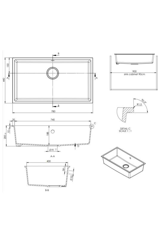 Fregadero GraniteMy Universal de granito blanco grande 74x40 cm blanco de montaje sobre encimera, bajo encimera y enrasado con tapón de cobre 1208967162