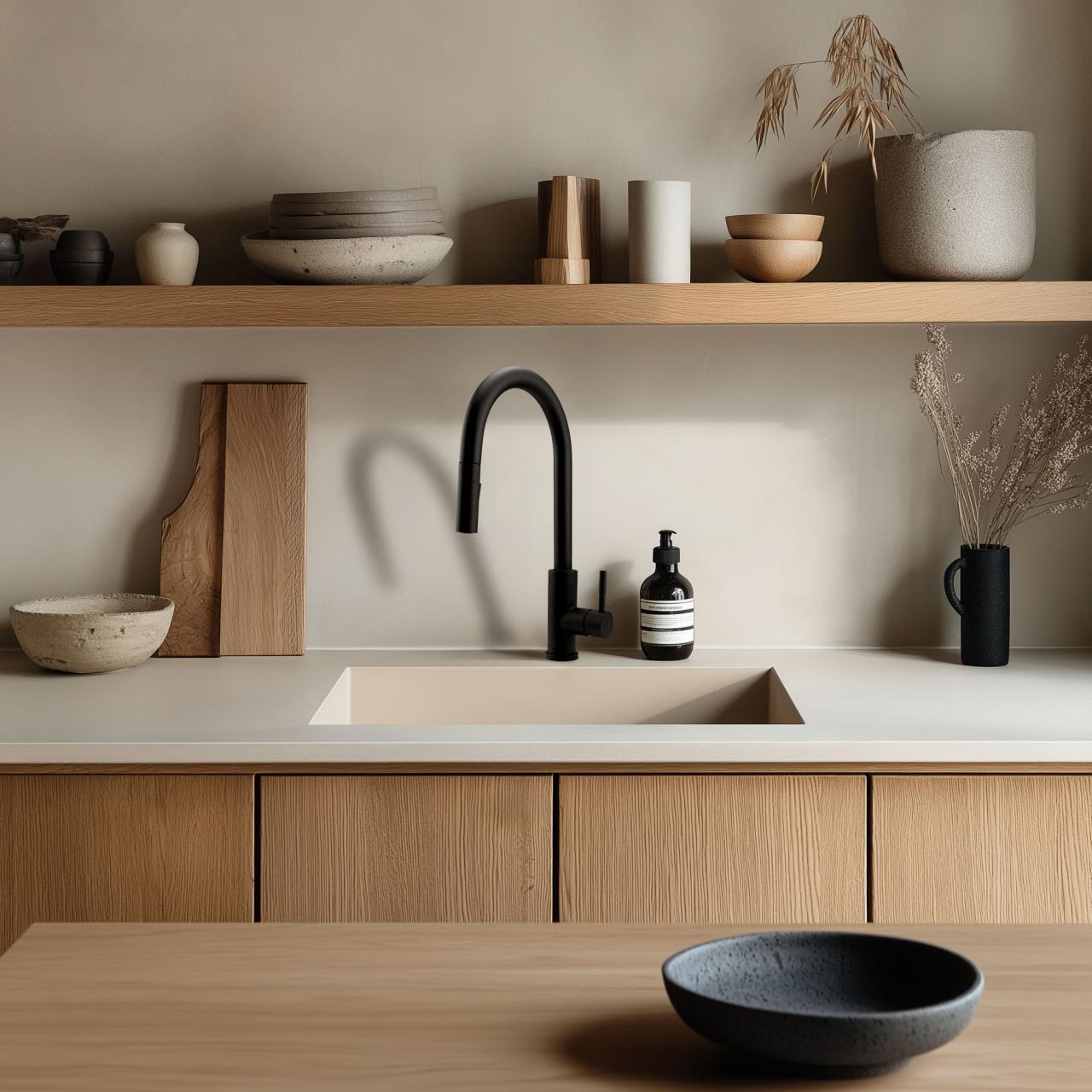 Fregadero GraniteMy Universal granito beige arena 40x40 cm para montaje sobre encimera, bajo encimera y enrasado con tapón de cobre 1208967210 - Productafbeelding 2