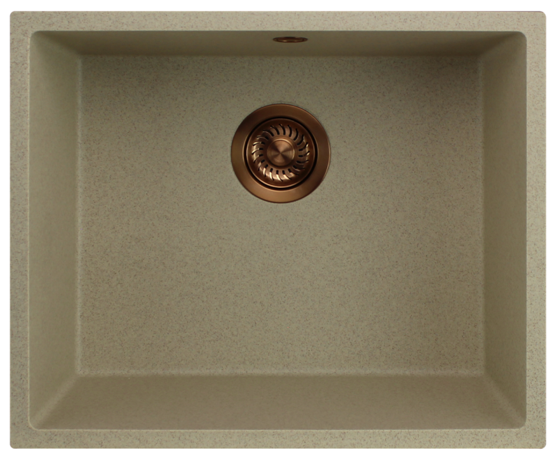 Fregadero GraniteMy Universal de granito beige arena 50x40 cm para montaje sobre encimera, bajo encimera y enrasado con tapón de cobre 1208967221
