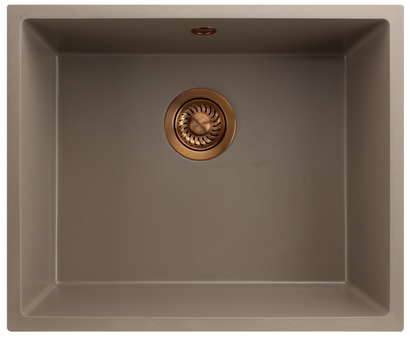 Fregadero GraniteMy Universal granito taupe 50x40 cm para montaje sobre encimera, bajo encimera y enrasado con tapón de cobre 1208967225