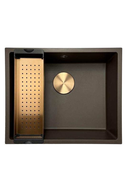 Fregadero GraniteMy Universal de granito para cafetería de 50x40 cm de montaje sobre encimera, bajo encimera y enrasado con tapón de cobre 1208967229
