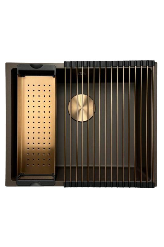 Fregadero GraniteMy Universal de granito para cafetería de 50x40 cm de montaje sobre encimera, bajo encimera y enrasado con tapón de cobre 1208967229