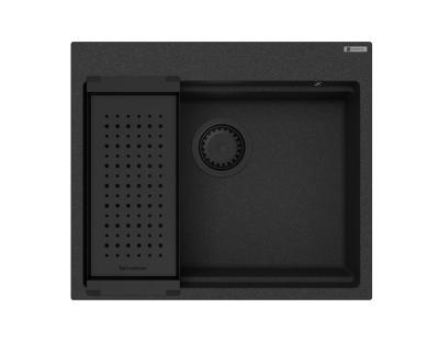 GraniteMy Fregadero de granito para encimera 56x48 cm negro con tapón negro, incluye accesorios 1208967233