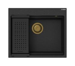 GraniteMy Fregadero de granito para encimera 56x48 cm negro con tapón dorado, incluye accesorios 1208967235