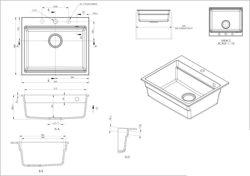GraniteMy Fregadero de granito para encimera 56x48 cm negro con tapón dorado, incluye accesorios 1208967235