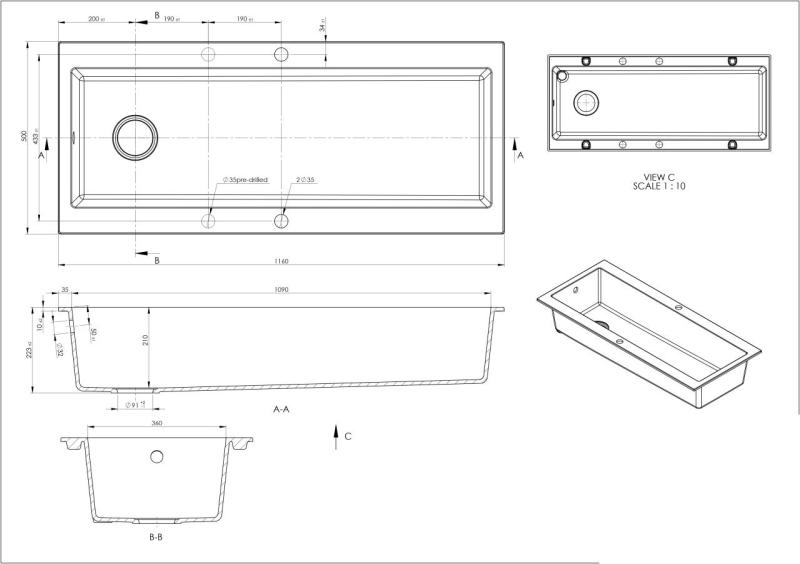GraniteMy Trog fregadero de granito muy grande negro 116x50 cm montaje en superficie con banco para grifo y tapón dorado 1208967239